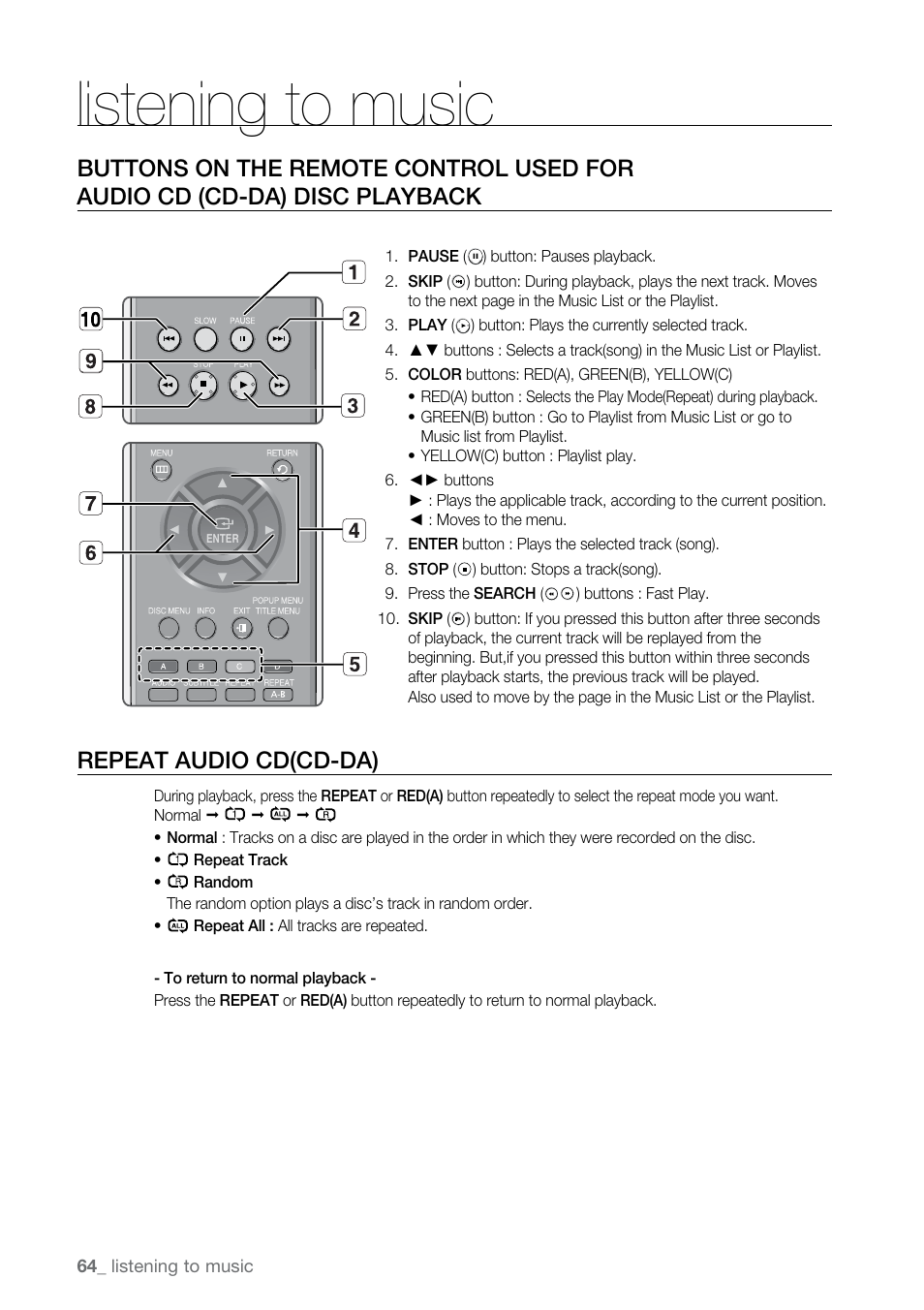 Repeat audio cd(cd-da), Listening to music | Samsung BD-P2500-XAA User Manual | Page 64 / 73