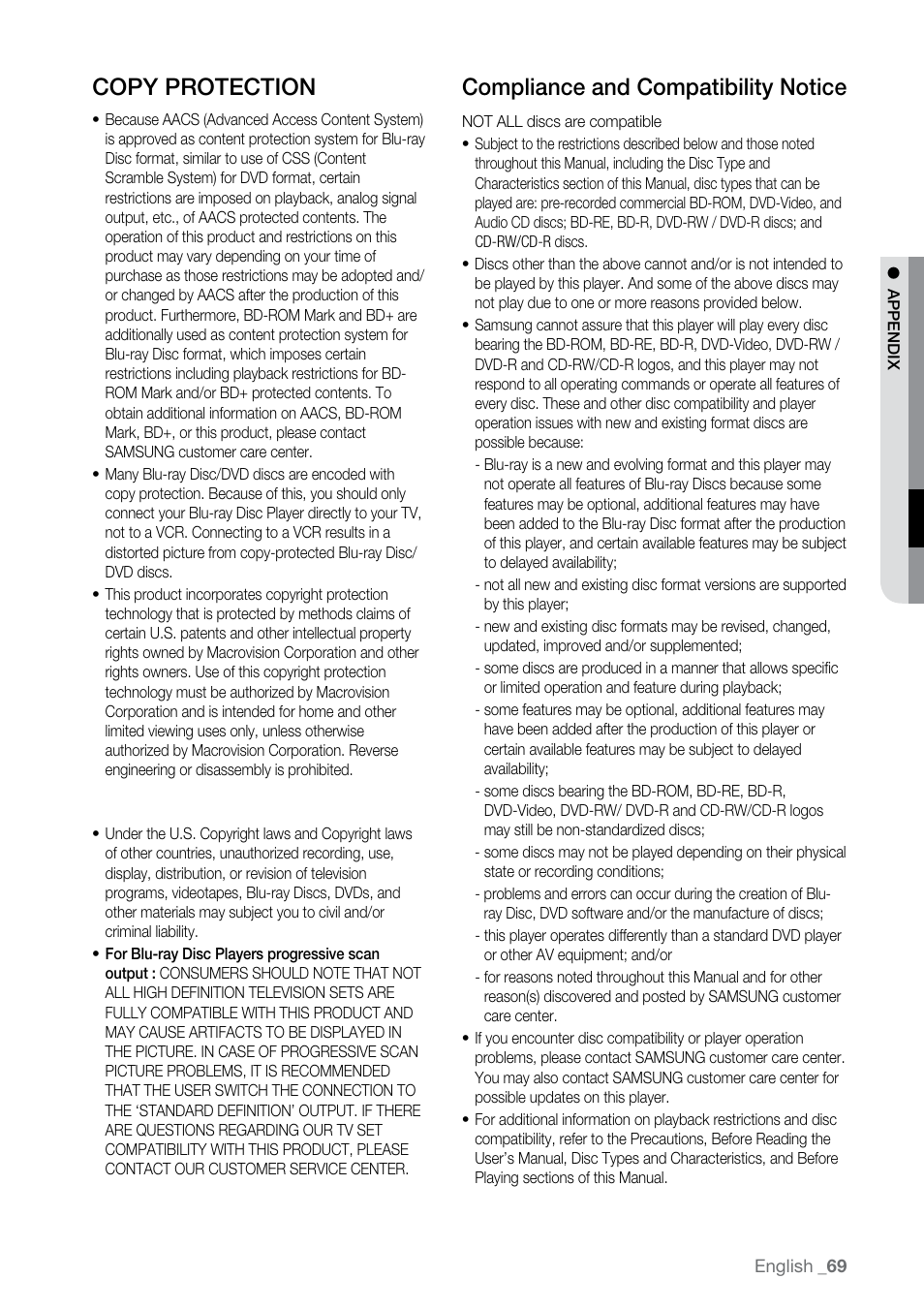 Copy protection, Compliance and compatibility notice | Samsung BD-P2500-XAA User Manual | Page 69 / 73