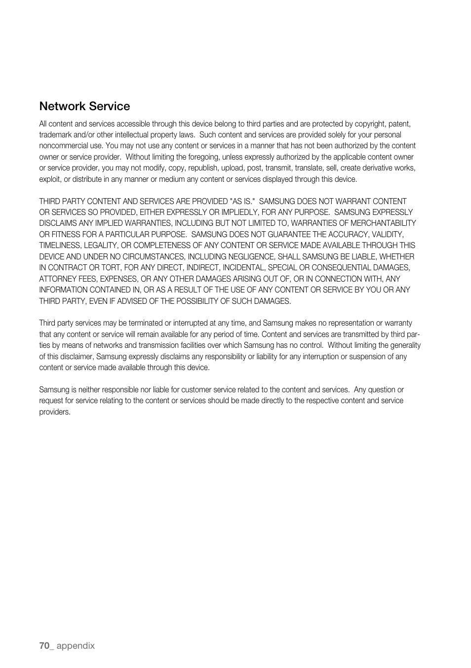 Network service | Samsung BD-P2500-XAA User Manual | Page 70 / 73