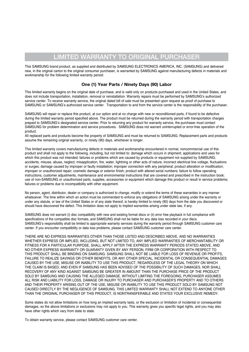 Limited warranty to original purchaser | Samsung BD-P2500-XAA User Manual | Page 71 / 73