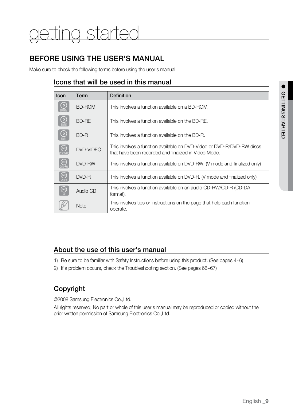 Getting started, Before using the user’s manual | Samsung BD-P2500-XAA User Manual | Page 9 / 73