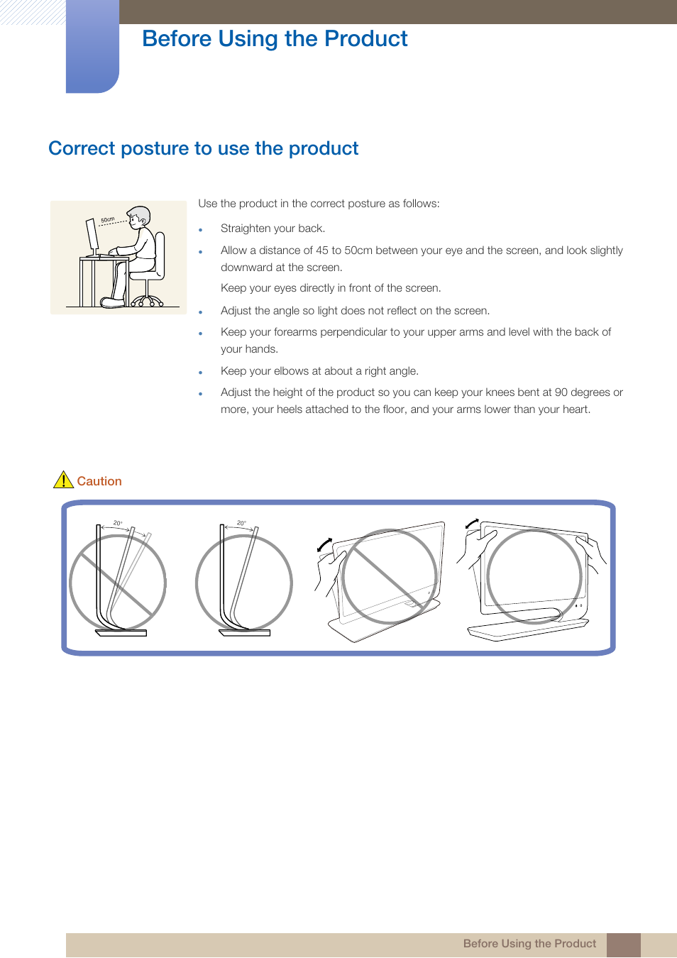 Correct posture to use the product, Before using the product | Samsung LS23A950DS-ZA User Manual | Page 13 / 90