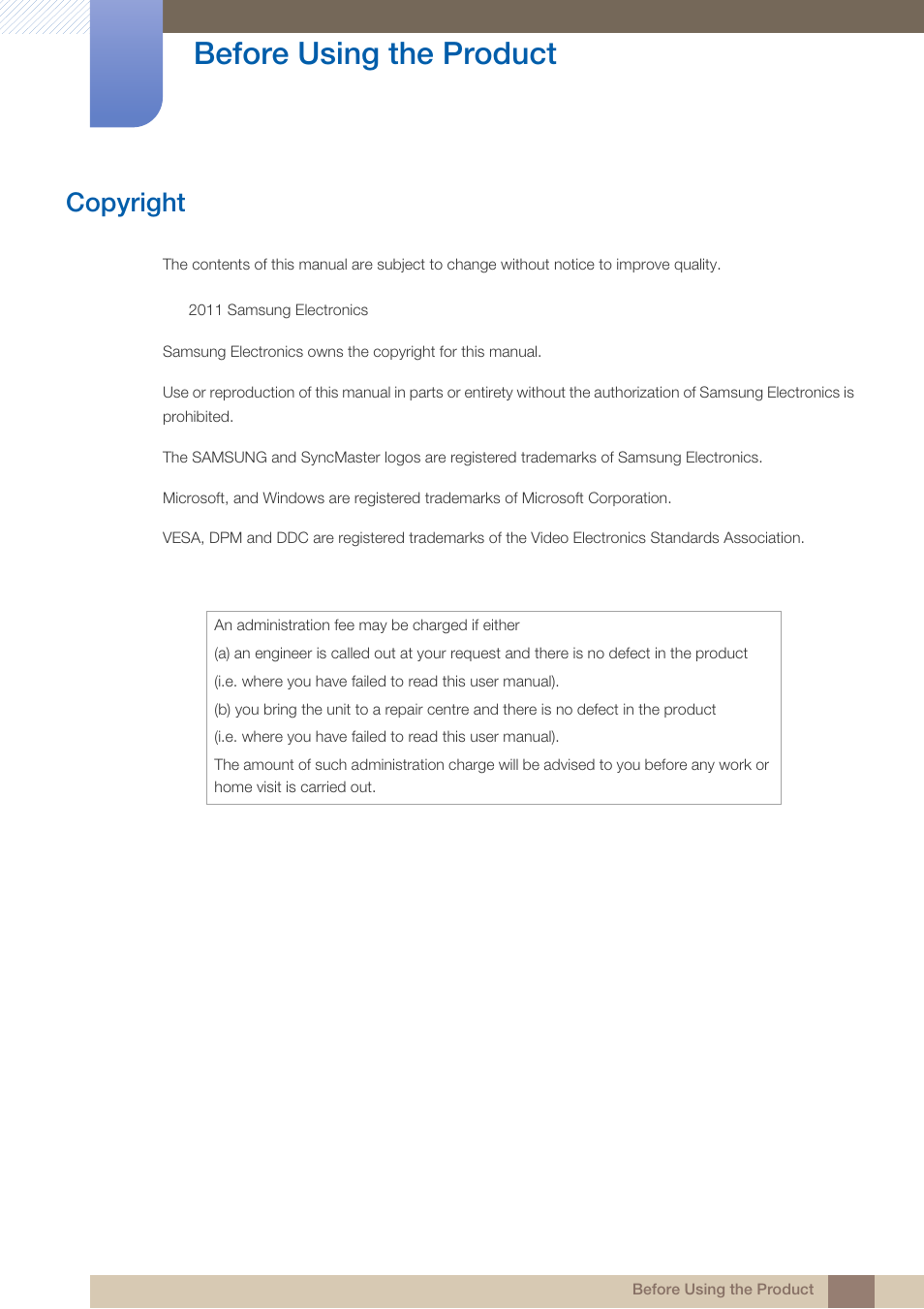 Before using the product, Copyright | Samsung LS23A950DS-ZA User Manual | Page 2 / 90