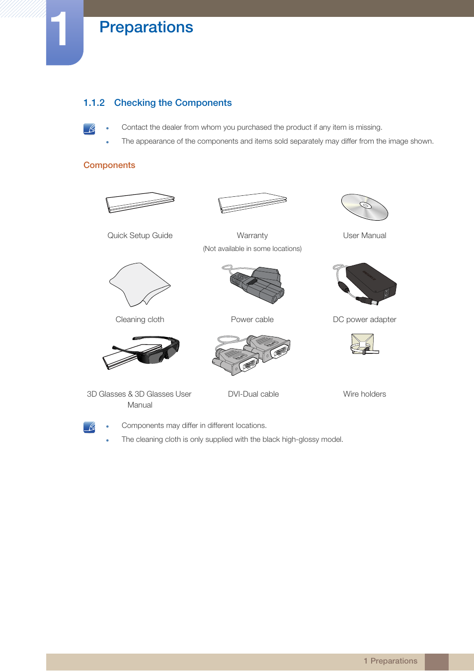 2 checking the components, Checking the components, Preparations | Samsung LS23A950DS-ZA User Manual | Page 20 / 90