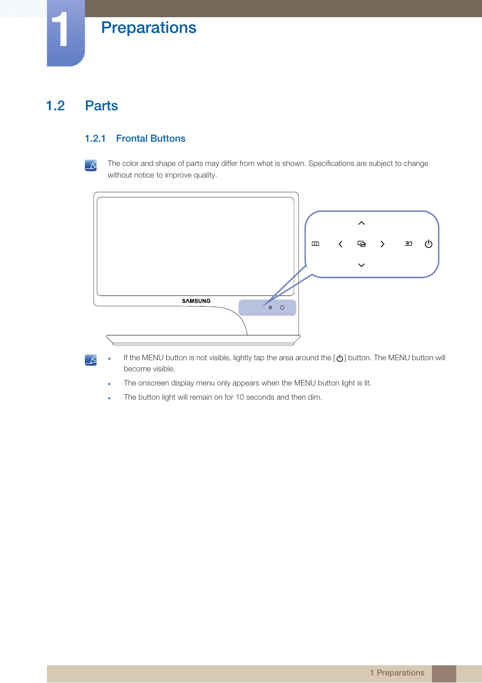 2 parts, 1 frontal buttons, Parts | Frontal buttons, Preparations | Samsung LS23A950DS-ZA User Manual | Page 21 / 90