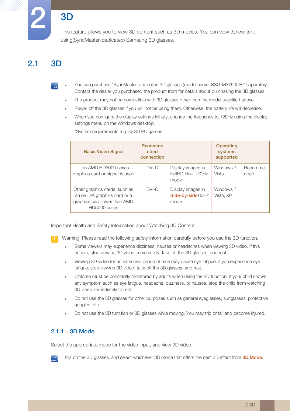 1 3d, 1 3d mode, 3d mode | Samsung LS23A950DS-ZA User Manual | Page 26 / 90