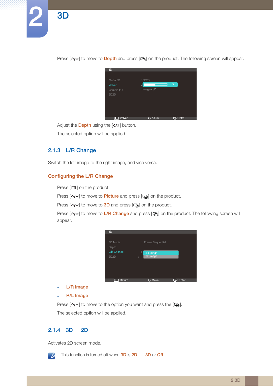 3 l/r change, 4 3d2d, L/r change | 3d2d, 4 3d 2d | Samsung LS23A950DS-ZA User Manual | Page 28 / 90