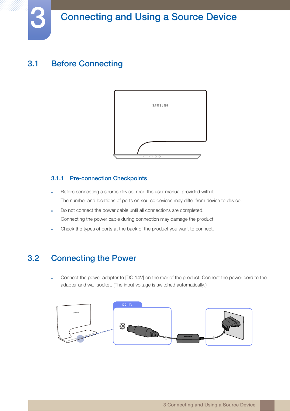 Connecting and using a source device, 1 before connecting, 1 pre-connection checkpoints | 2 connecting the power, Connecting and using, A source device, Before connecting, Pre-connection checkpoints, Connecting the power | Samsung LS23A950DS-ZA User Manual | Page 32 / 90