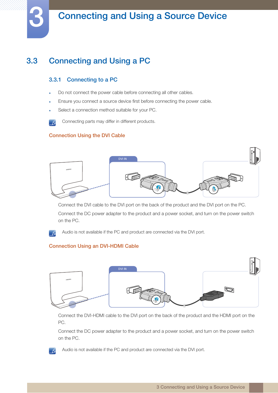 3 connecting and using a pc, 1 connecting to a pc, Connecting and using a pc | Connecting to a pc, Connecting and using a source device | Samsung LS23A950DS-ZA User Manual | Page 33 / 90