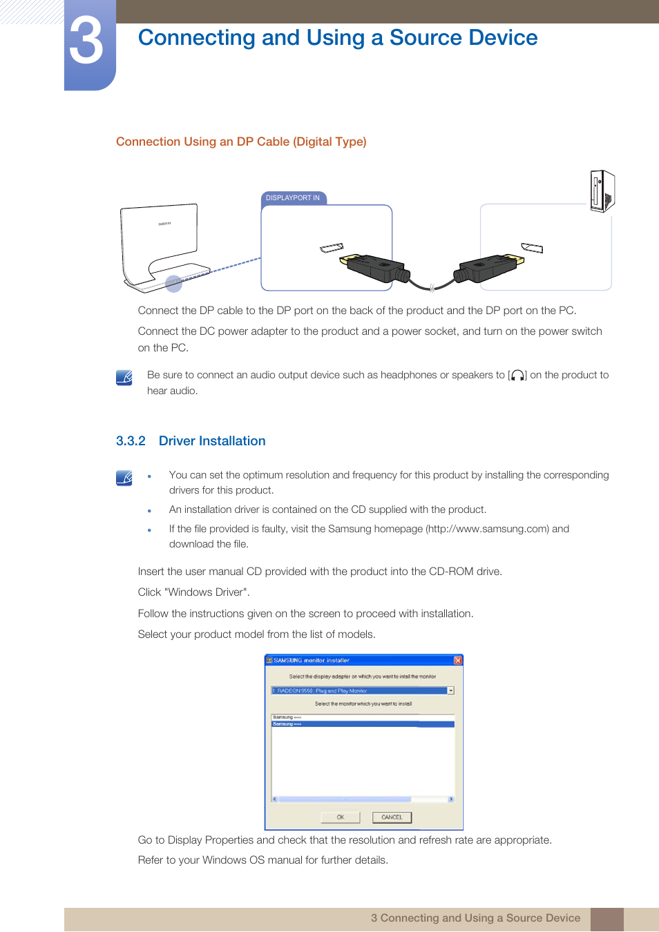 2 driver installation, Driver installation, Connecting and using a source device | Samsung LS23A950DS-ZA User Manual | Page 35 / 90