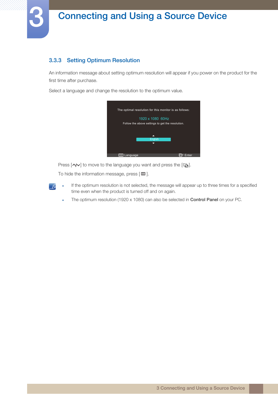 3 setting optimum resolution, Setting optimum resolution, Connecting and using a source device | Samsung LS23A950DS-ZA User Manual | Page 36 / 90