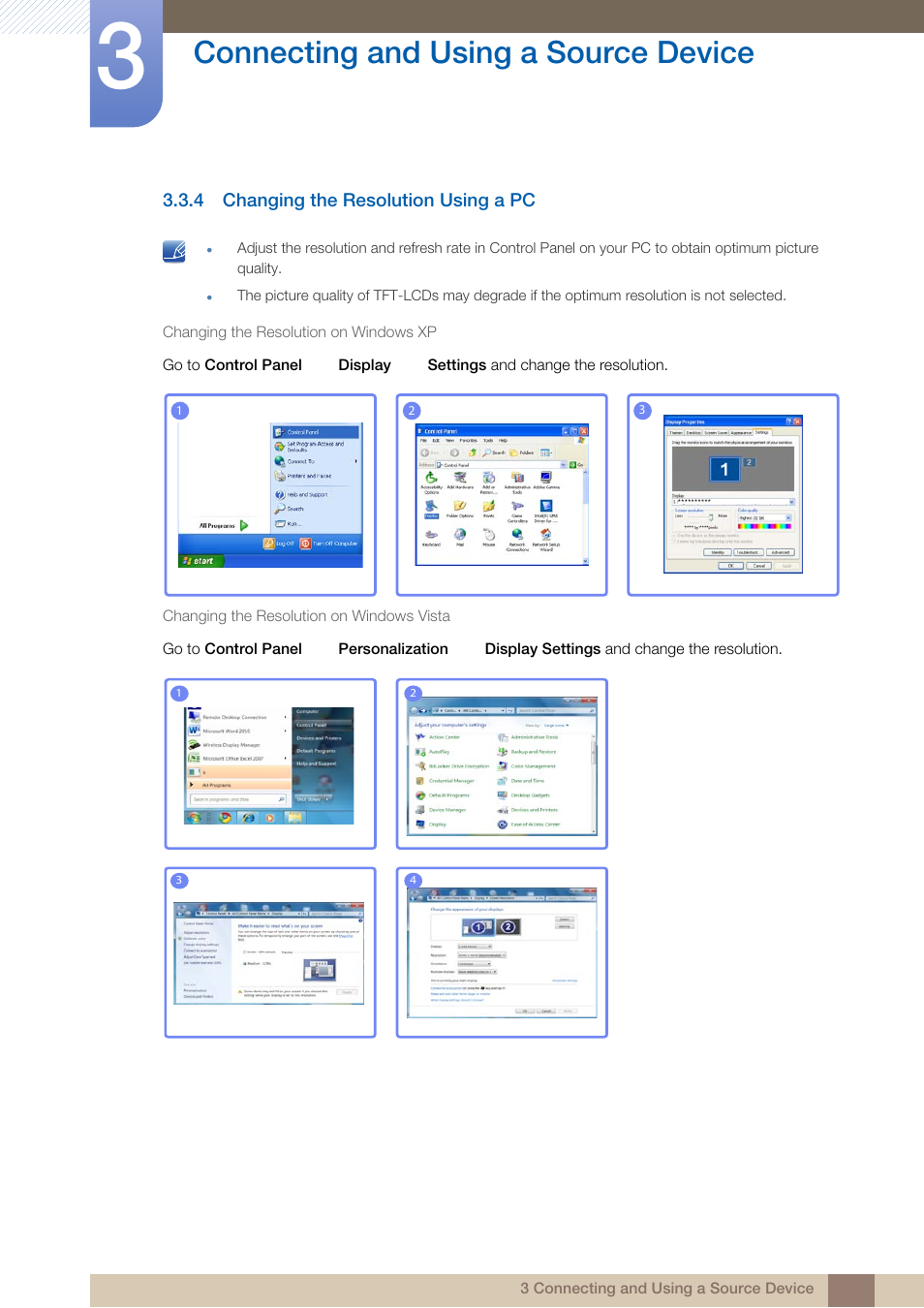4 changing the resolution using a pc, Changing the resolution using a pc, Connecting and using a source device | Samsung LS23A950DS-ZA User Manual | Page 37 / 90