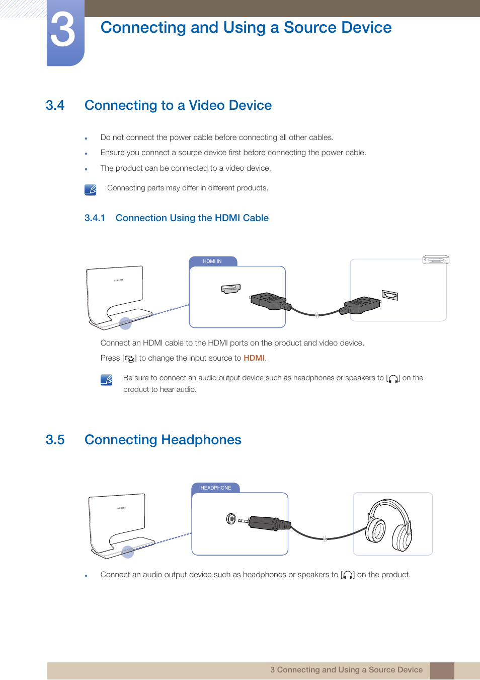 4 connecting to a video device, 1 connection using the hdmi cable, 5 connecting headphones | Connecting to a video device, Connection using the hdmi cable, Connecting headphones, Connecting and using a source device | Samsung LS23A950DS-ZA User Manual | Page 39 / 90