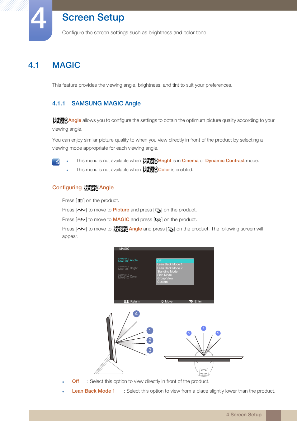 Screen setup, 1 magic, 1 samsung magic angle | Magic, Samsung magic angle | Samsung LS23A950DS-ZA User Manual | Page 40 / 90