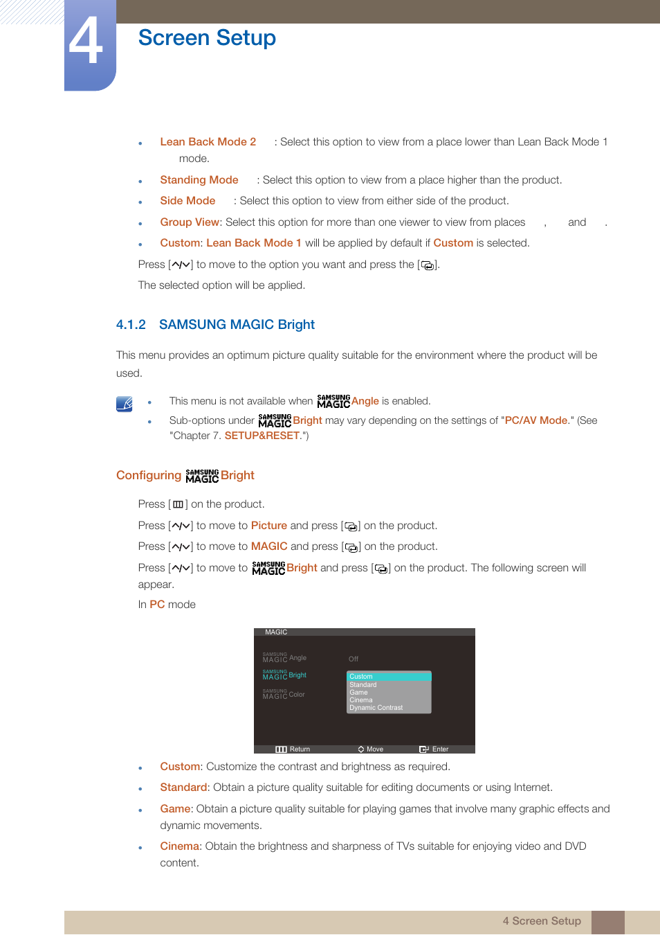 2 samsung magic bright, Samsung magic bright, Screen setup | Samsung LS23A950DS-ZA User Manual | Page 41 / 90