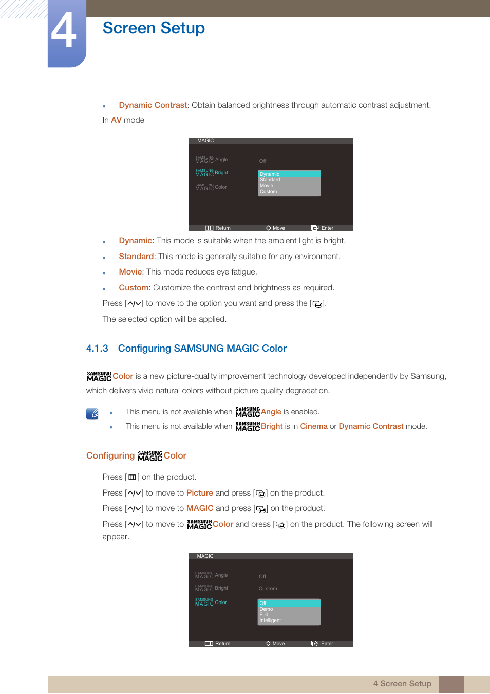 3 configuring samsung magic color, Configuring samsung magic color, Screen setup | Samsung LS23A950DS-ZA User Manual | Page 42 / 90