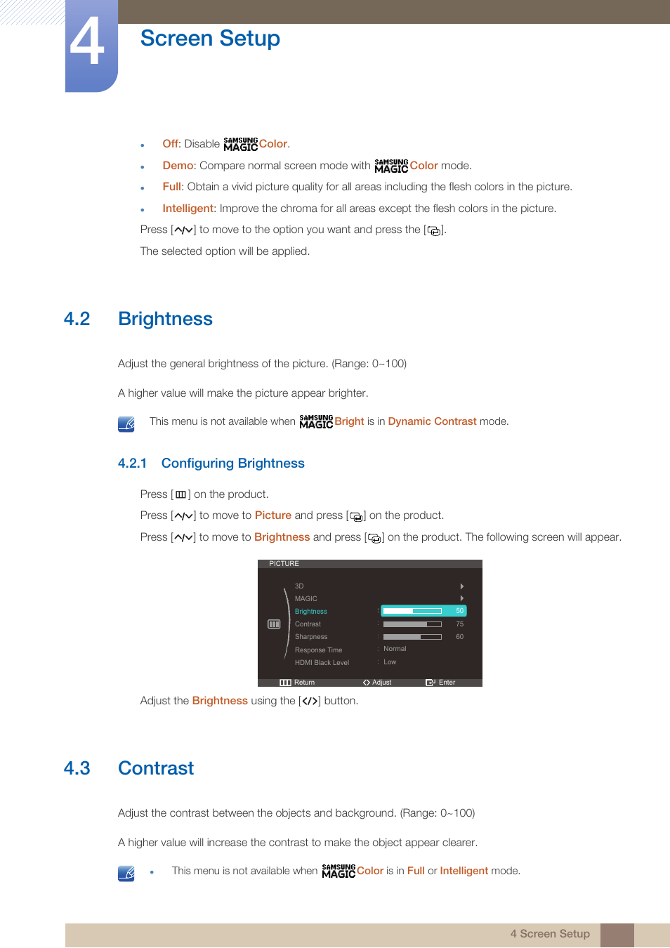 2 brightness, 1 configuring brightness, 3 contrast | Brightness, Configuring brightness, Contrast, Screen setup | Samsung LS23A950DS-ZA User Manual | Page 43 / 90