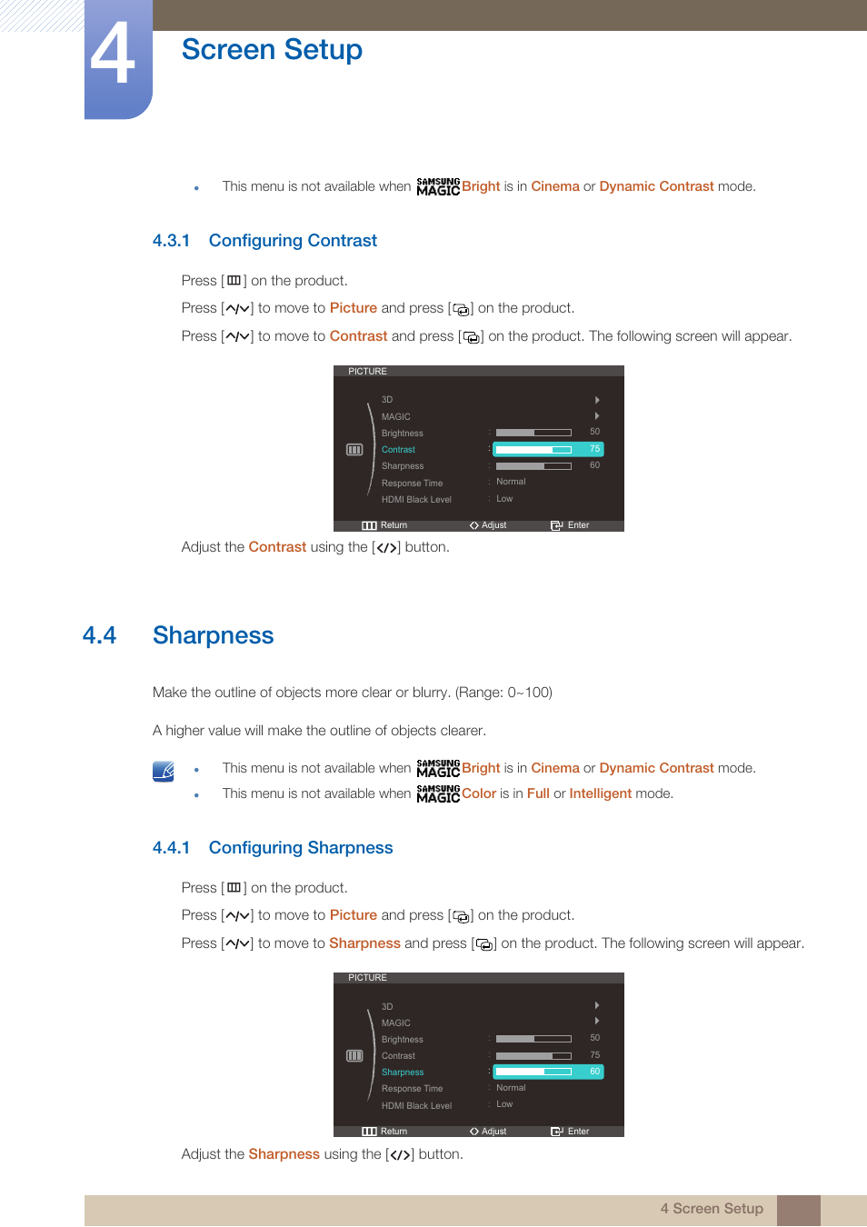 1 configuring contrast, 4 sharpness, 1 configuring sharpness | Configuring contrast, Sharpness, Configuring sharpness, Screen setup | Samsung LS23A950DS-ZA User Manual | Page 44 / 90