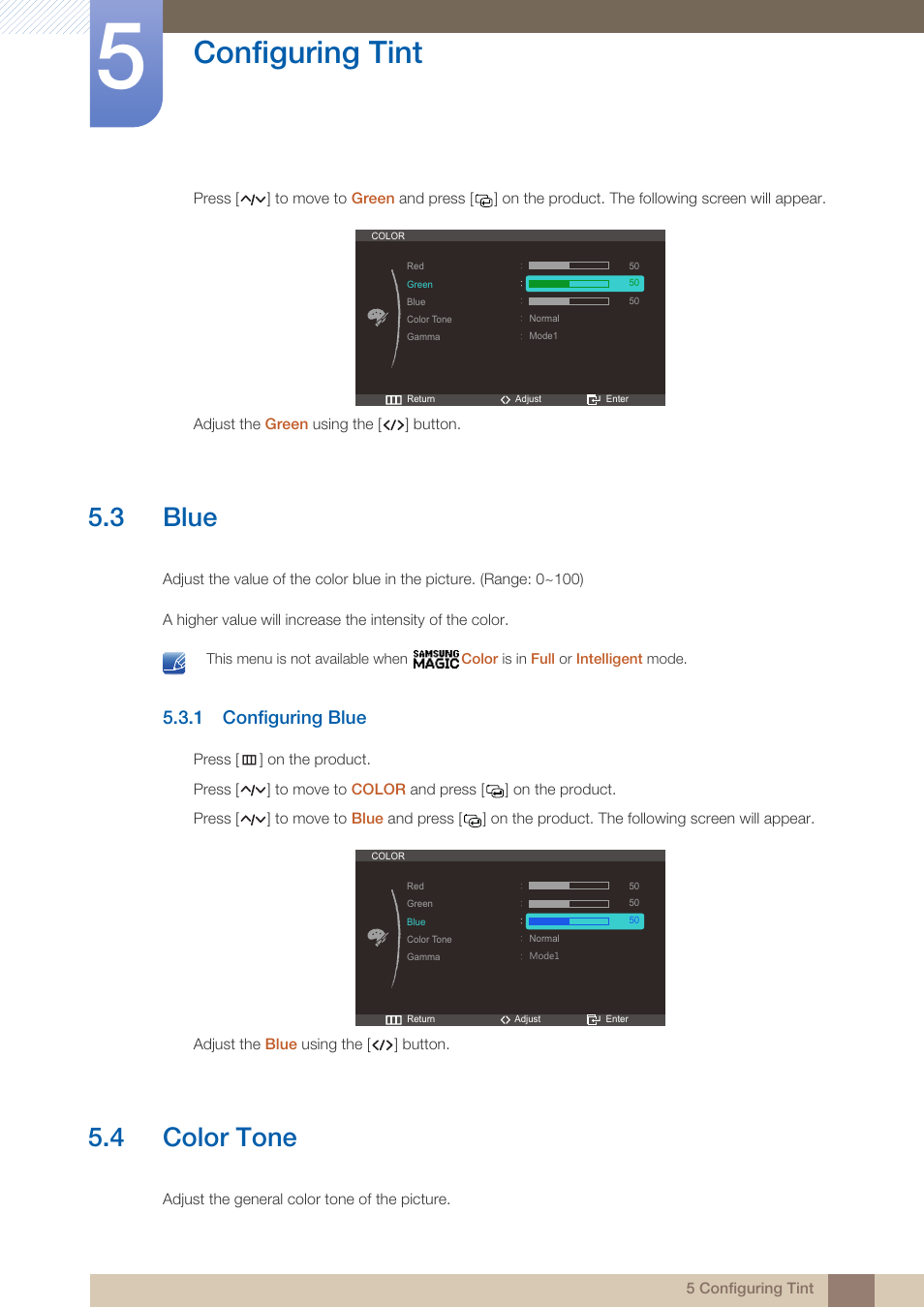 3 blue, 1 configuring blue, 4 color tone | Blue, Configuring blue, Color tone, Configuring tint | Samsung LS23A950DS-ZA User Manual | Page 48 / 90