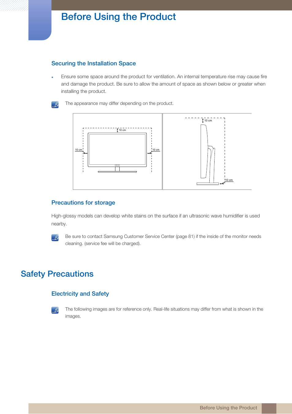 Securing the installation space, Precautions for storage, Safety precautions | Electricity and safety, Before using the product | Samsung LS23A950DS-ZA User Manual | Page 5 / 90