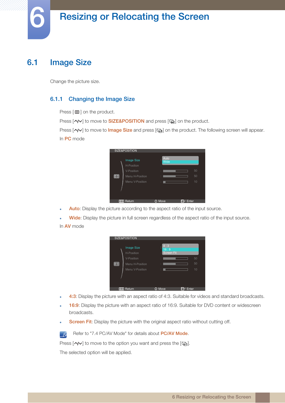 Resizing or relocating the screen, 1 image size, 1 changing the image size | Resizing or, Relocating the, Screen, Image size, Changing the image size | Samsung LS23A950DS-ZA User Manual | Page 51 / 90