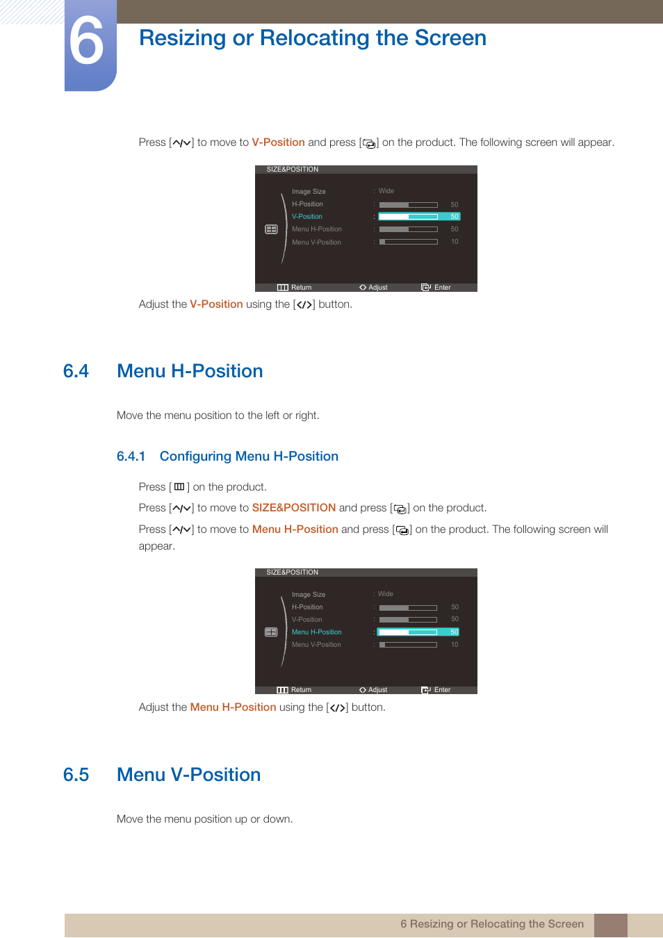 4 menu h-position, 1 configuring menu h-position, 5 menu v-position | Menu h-position, Configuring menu h-position, Menu v-position, Resizing or relocating the screen | Samsung LS23A950DS-ZA User Manual | Page 53 / 90