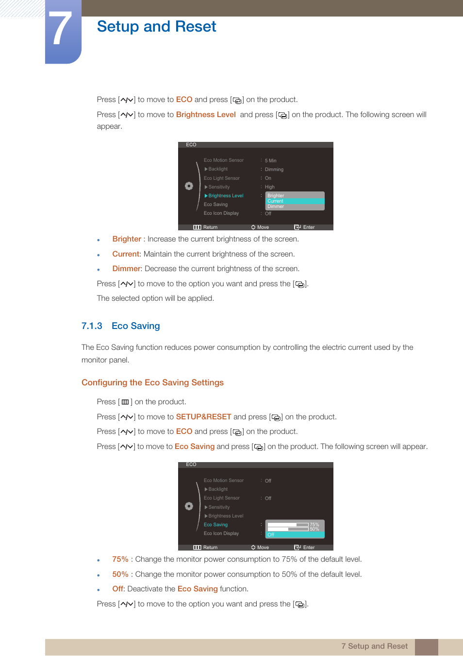 3 eco saving, Eco saving, Setup and reset | Samsung LS23A950DS-ZA User Manual | Page 58 / 90