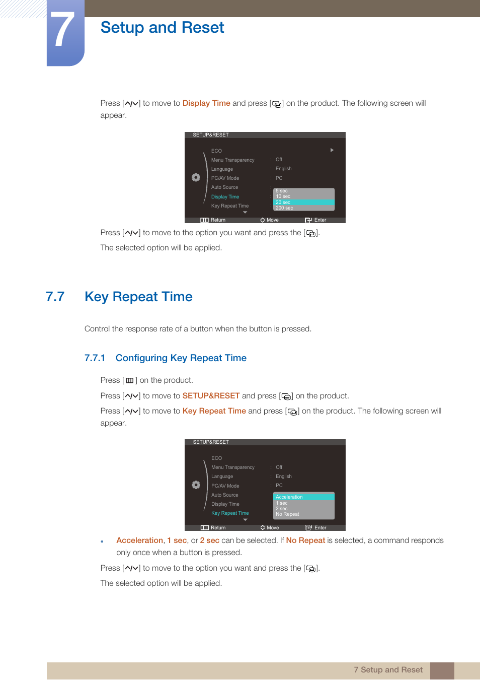 7 key repeat time, 1 configuring key repeat time, Key repeat time | Configuring key repeat time, Setup and reset | Samsung LS23A950DS-ZA User Manual | Page 64 / 90