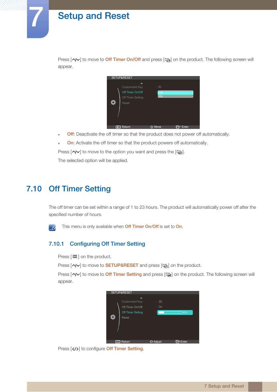 10 off timer setting, 1 configuring off timer setting, Off timer setting | Configuring off timer setting, Setup and reset | Samsung LS23A950DS-ZA User Manual | Page 66 / 90