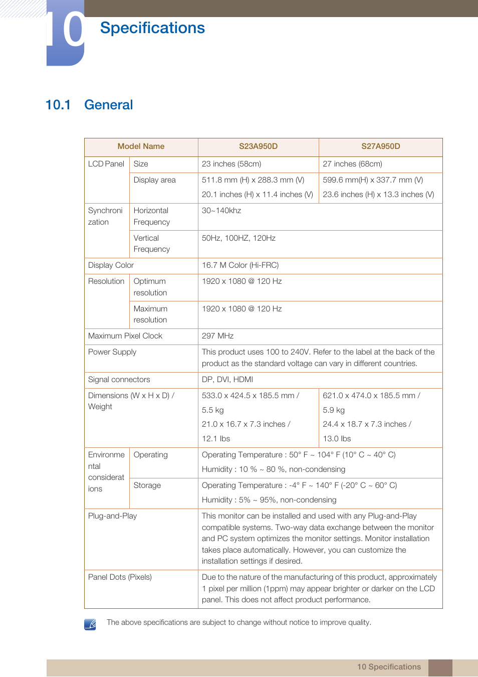 Specifications, 1 general, General | 1 general") | Samsung LS23A950DS-ZA User Manual | Page 75 / 90