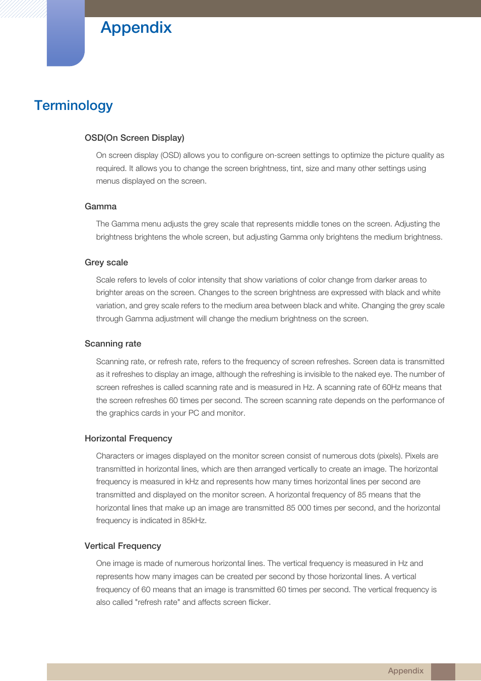 Terminology, Appendix | Samsung LS23A950DS-ZA User Manual | Page 88 / 90