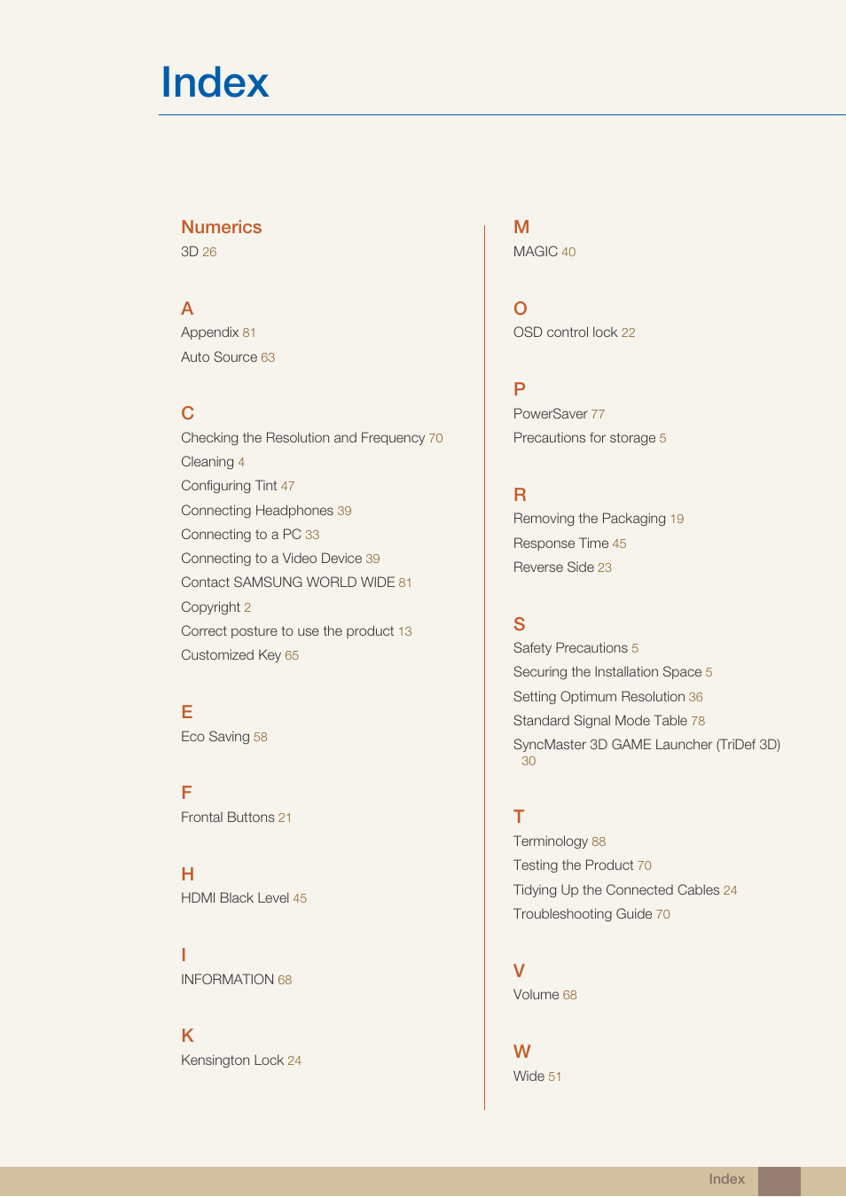 Index, Numerics | Samsung LS23A950DS-ZA User Manual | Page 90 / 90