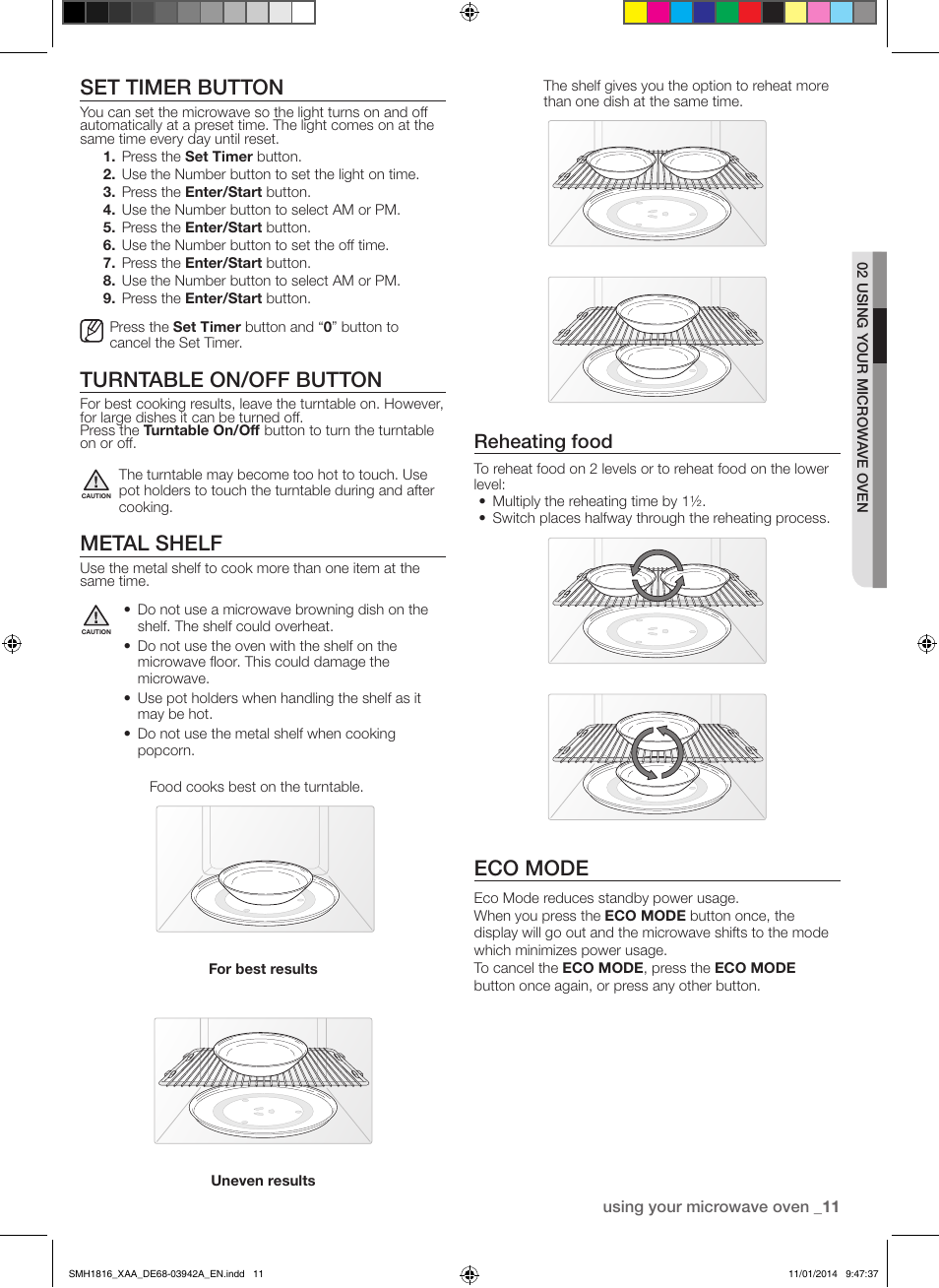 Set timer button, Turntable on/off button, Metal shelf | Eco mode, Reheating food | Samsung SMH1816W-XAA User Manual | Page 11 / 52