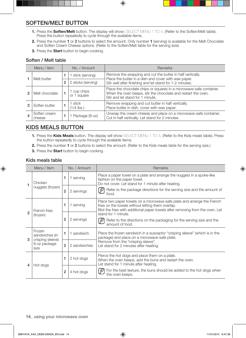 Soften/melt button, Kids meals button, Soften / melt table | Kids meals table | Samsung SMH1816W-XAA User Manual | Page 14 / 52
