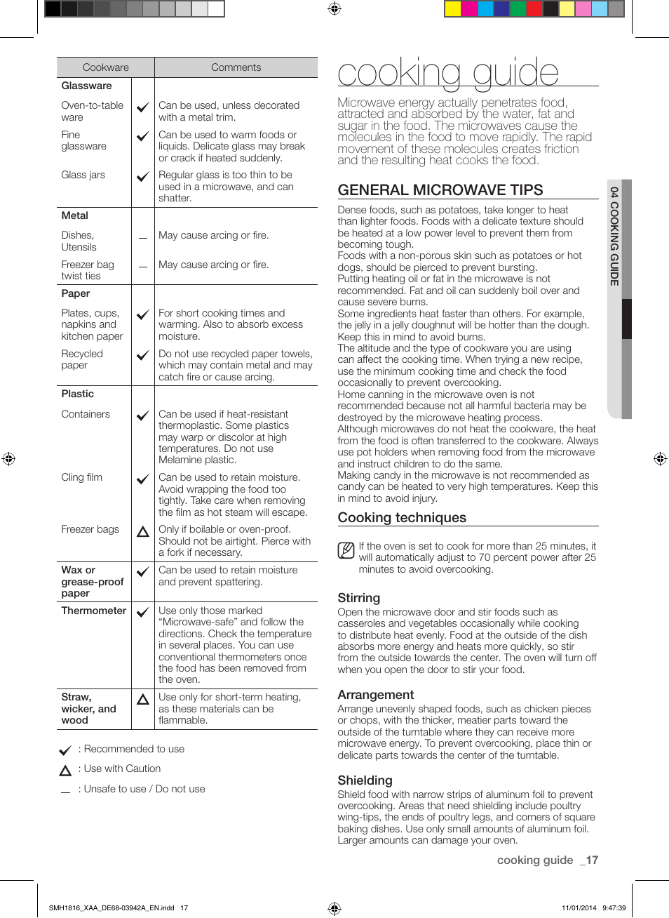 Cooking guide, General microwave tips, Cooking techniques | Samsung SMH1816W-XAA User Manual | Page 17 / 52