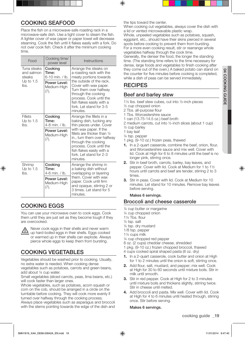 Cooking seafood, Cooking eggs, Cooking vegetables | Recipes, Beef and barley stew, Broccoli and cheese casserole | Samsung SMH1816W-XAA User Manual | Page 19 / 52
