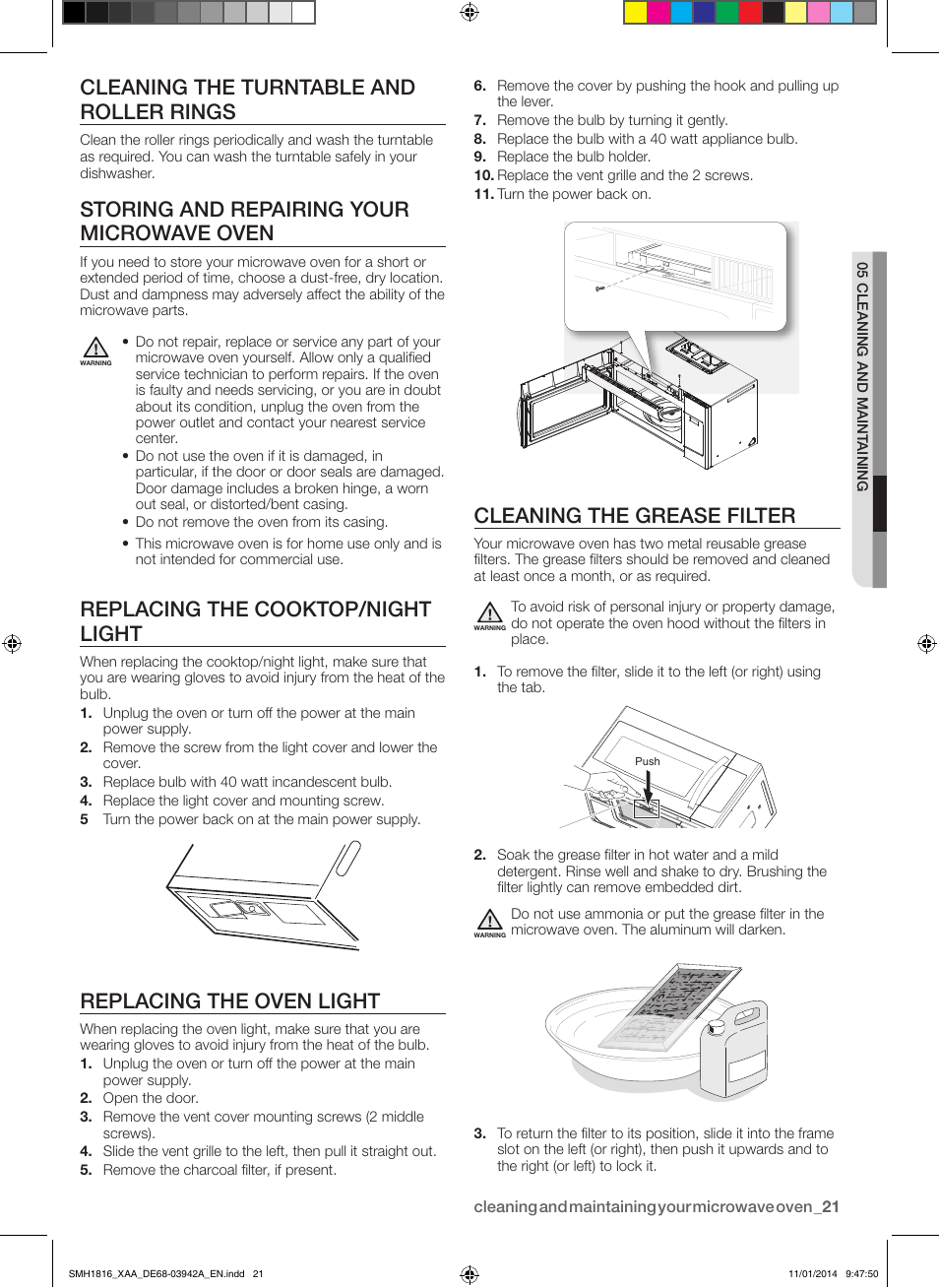 Cleaning the grease filter, Cleaning the turntable and roller rings, Storing and repairing your microwave oven | Replacing the cooktop/night light, Replacing the oven light | Samsung SMH1816W-XAA User Manual | Page 21 / 52
