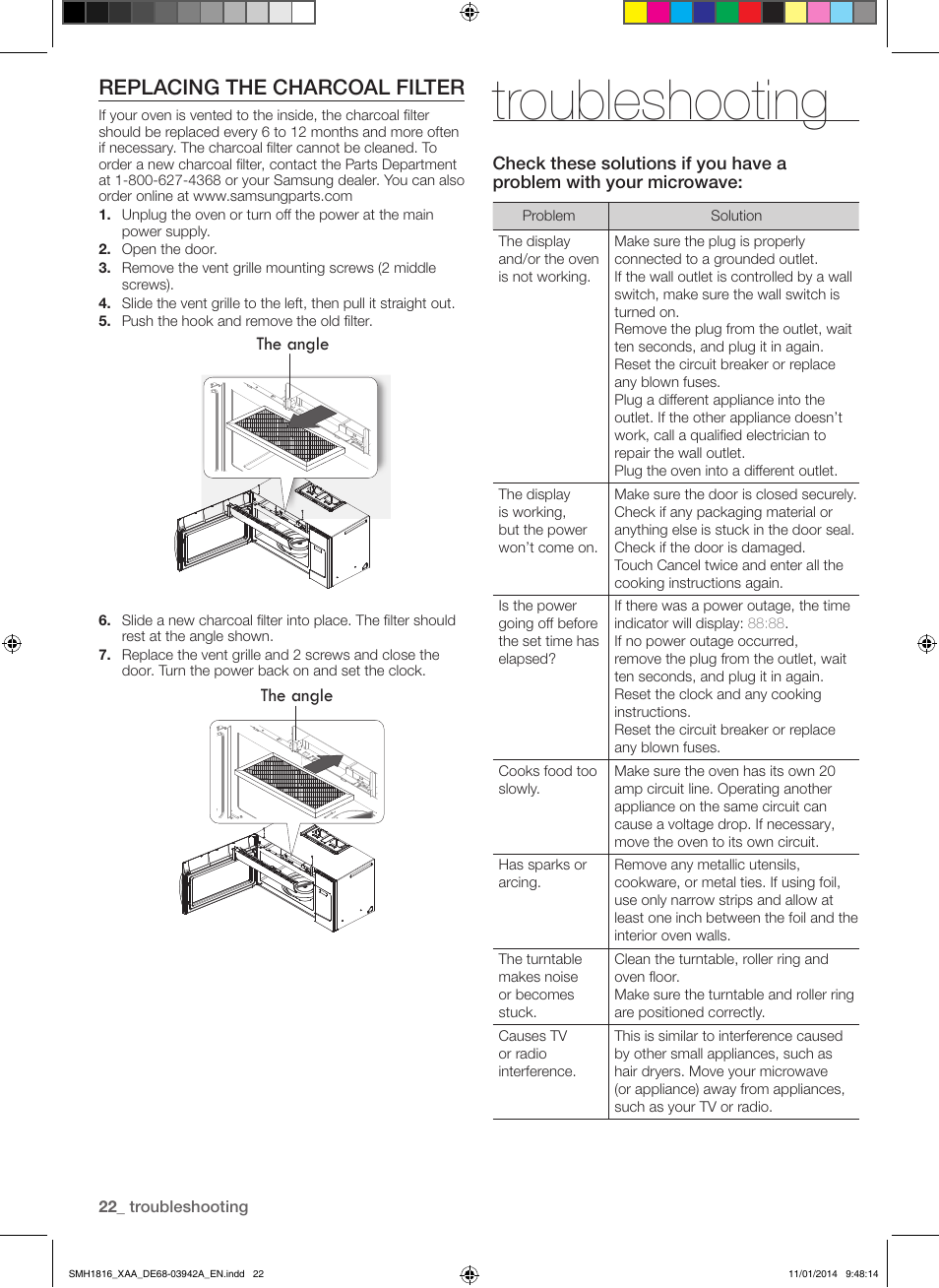 Troubleshooting, Replacing the charcoal filter, The angle | Samsung SMH1816W-XAA User Manual | Page 22 / 52