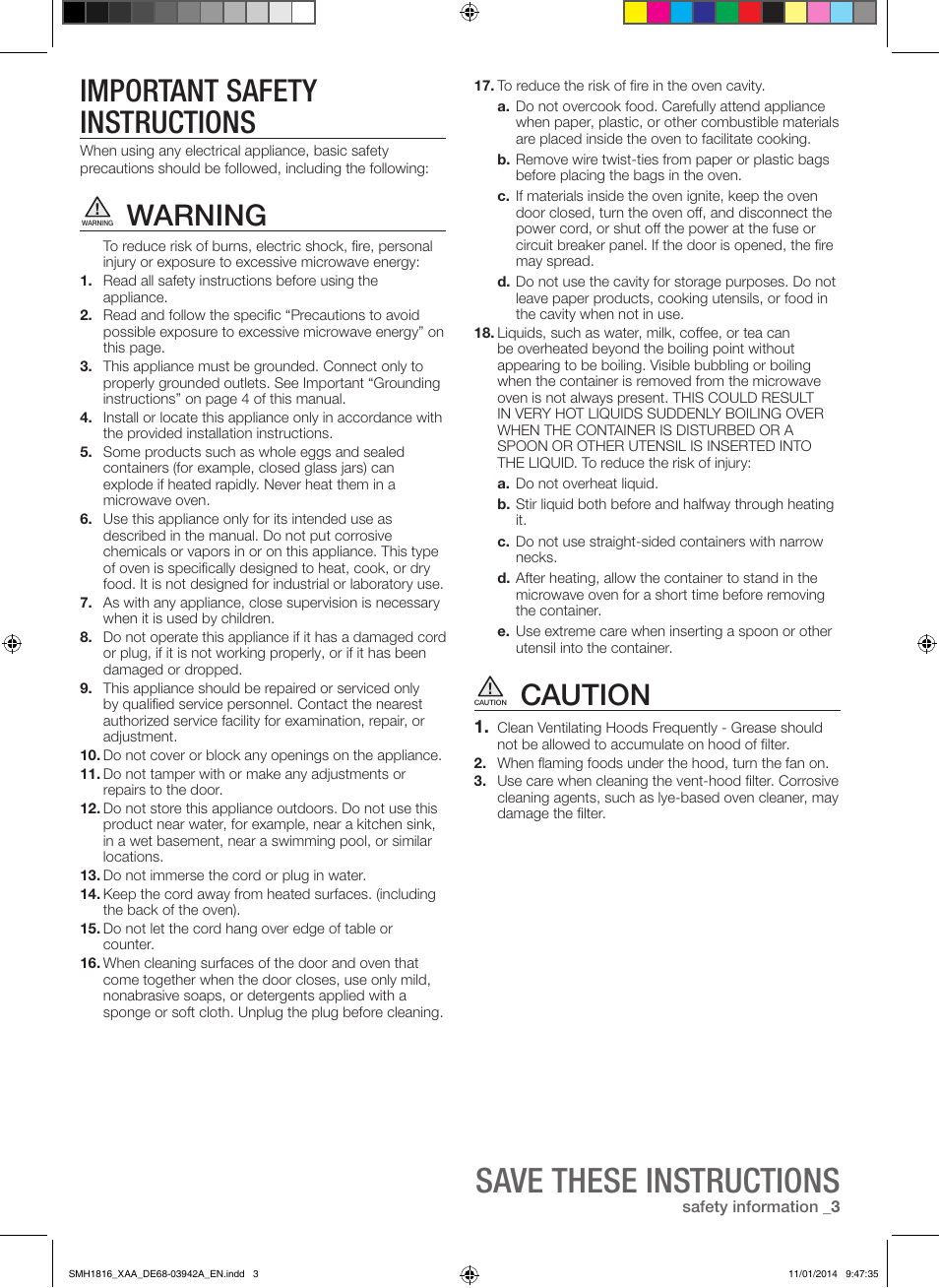 Save these instructions, Important safety instructions, Warning | Caution | Samsung SMH1816W-XAA User Manual | Page 3 / 52