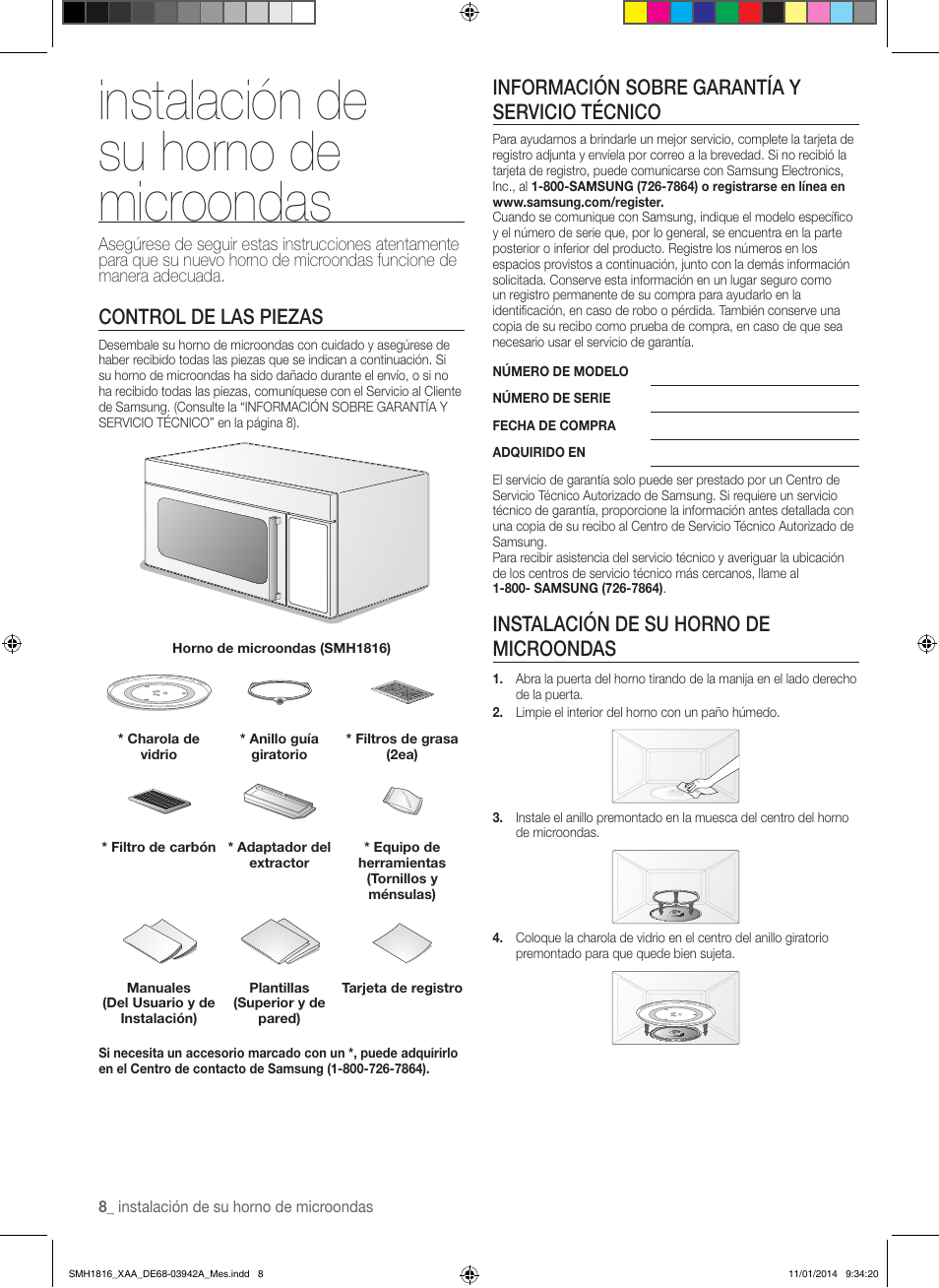 Instalación de su horno de microondas, Control de las piezas, Información sobre garantía y servicio técnico | Samsung SMH1816W-XAA User Manual | Page 34 / 52