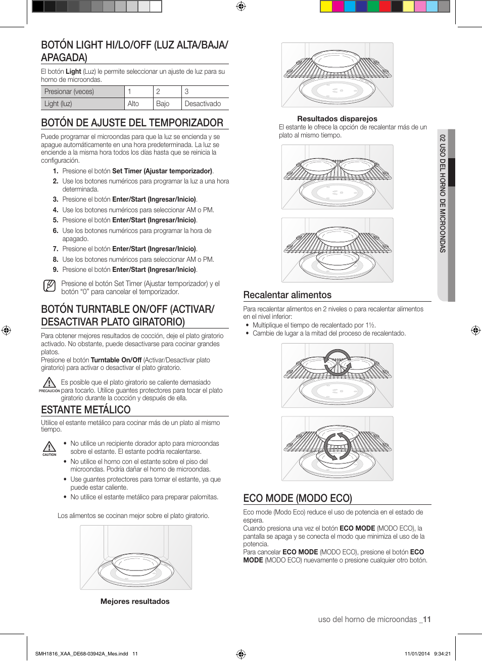 Botón light hi/lo/off (luz alta/baja/ apagada), Botón de ajuste del temporizador, Estante metálico | Eco mode (modo eco), Recalentar alimentos | Samsung SMH1816W-XAA User Manual | Page 37 / 52