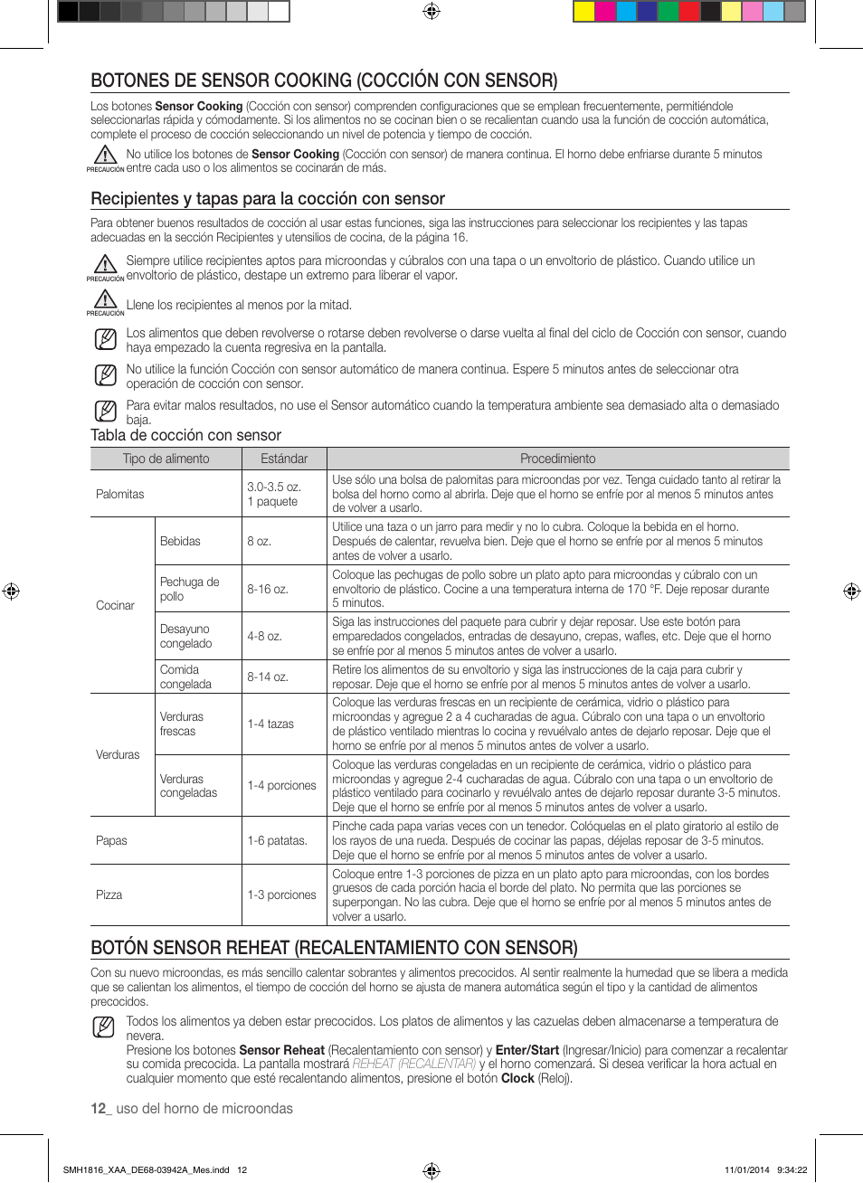 Botones de sensor cooking (cocción con sensor), Botón sensor reheat (recalentamiento con sensor), Recipientes y tapas para la cocción con sensor | Tabla de cocción con sensor | Samsung SMH1816W-XAA User Manual | Page 38 / 52