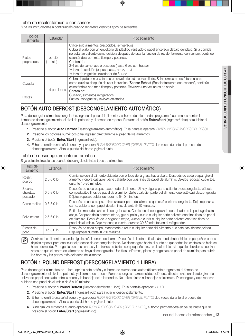 Botón auto defrost (descongelamiento automático), Botón 1 pound defrost (descongelamiento 1 libra), Tabla de recalentamiento con sensor | Tabla de descongelamiento automático | Samsung SMH1816W-XAA User Manual | Page 39 / 52