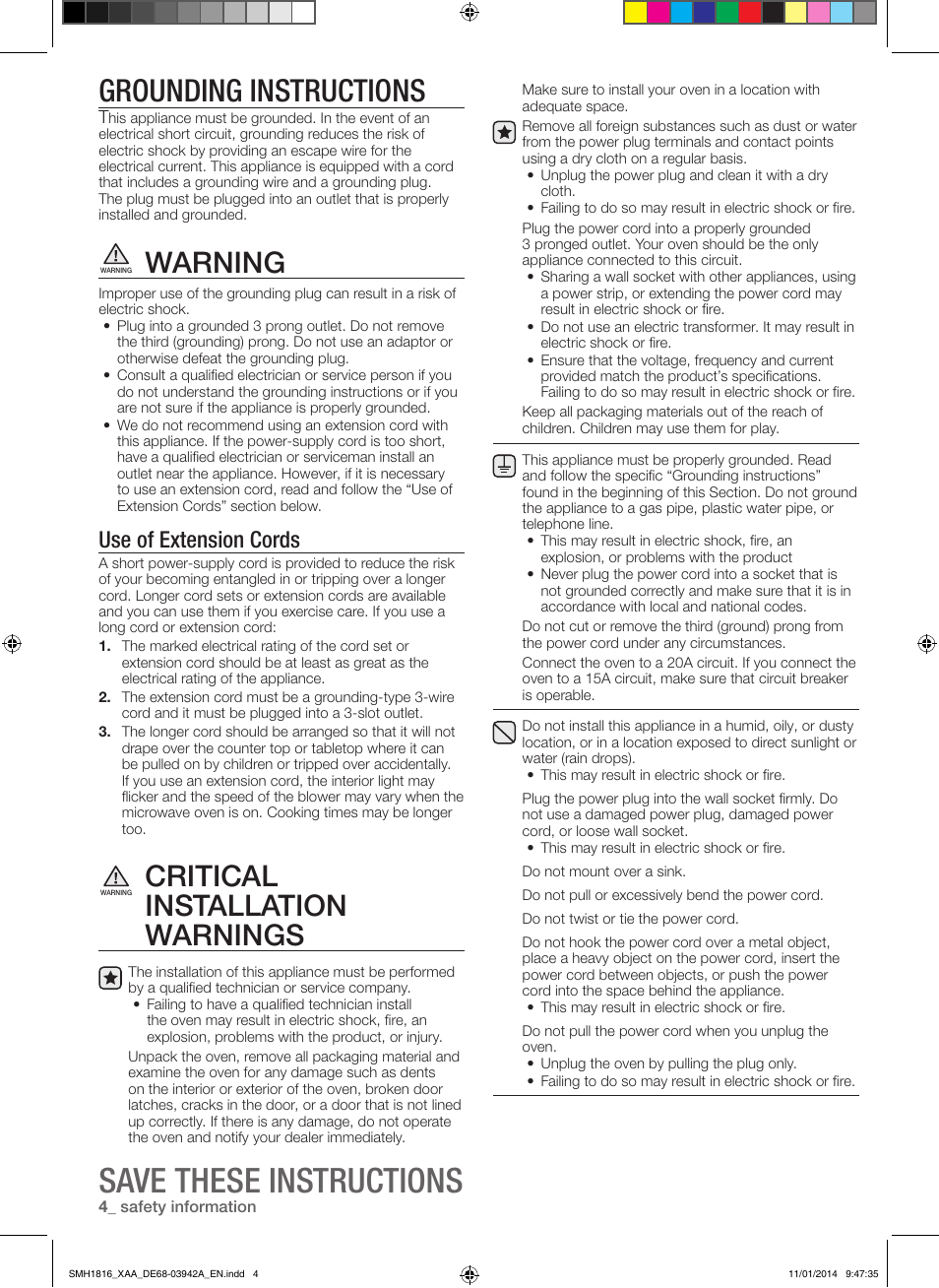 Save these instructions, Grounding instructions, Warning | Critical installation warnings, Use of extension cords | Samsung SMH1816W-XAA User Manual | Page 4 / 52