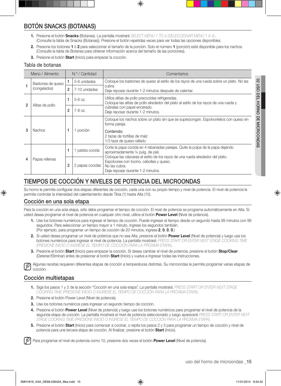 Botón snacks (botanas), Cocción en una sola etapa, Cocción multietapas | Tabla de botanas | Samsung SMH1816W-XAA User Manual | Page 41 / 52