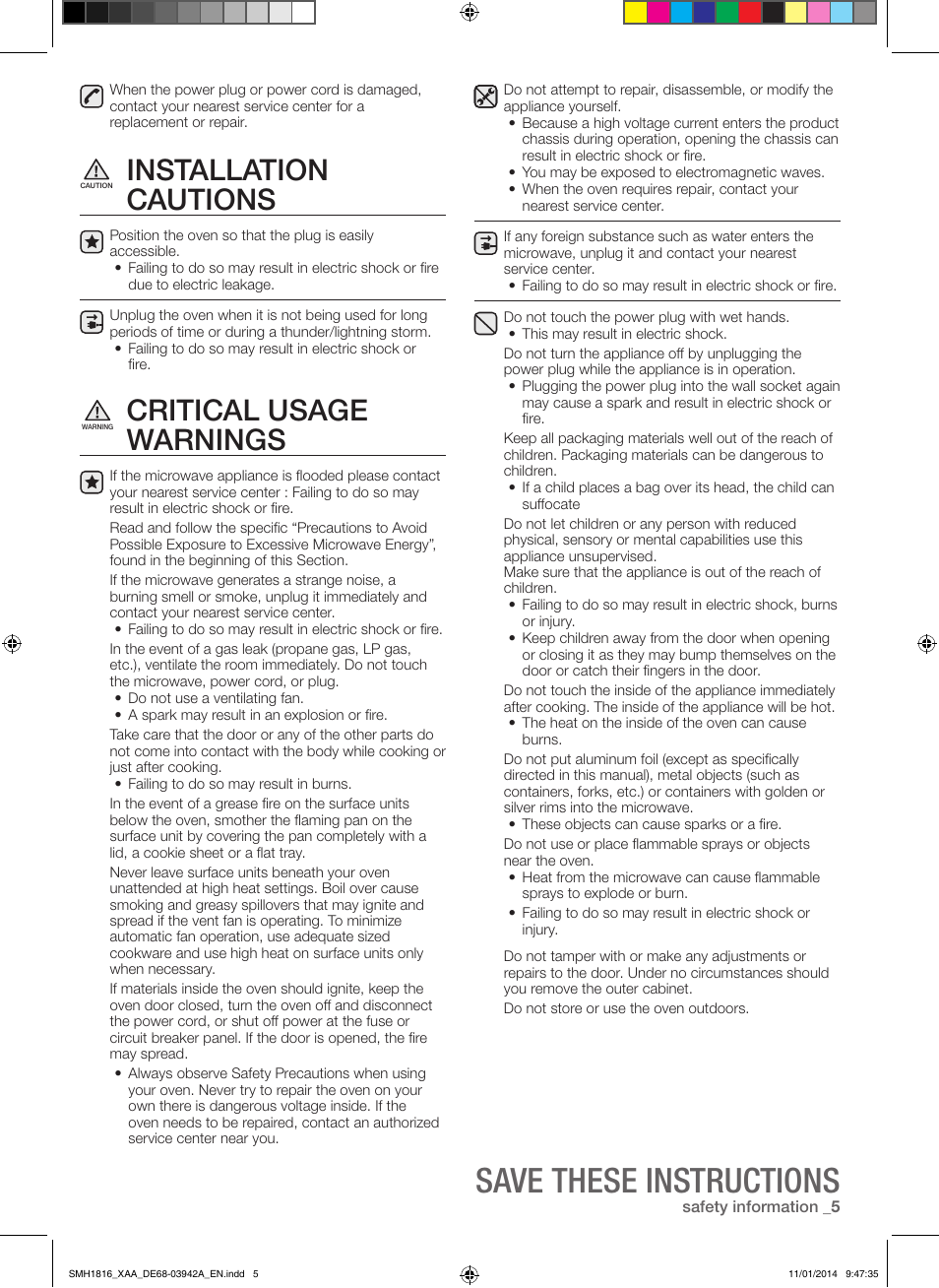 Save these instructions, Installation cautions, Critical usage warnings | Samsung SMH1816W-XAA User Manual | Page 5 / 52