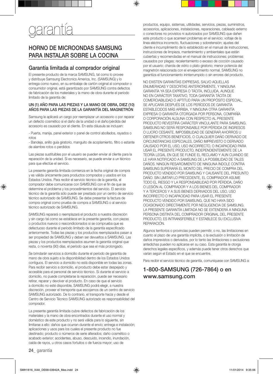 Garantía, Garantía limitada al comprador original | Samsung SMH1816W-XAA User Manual | Page 50 / 52
