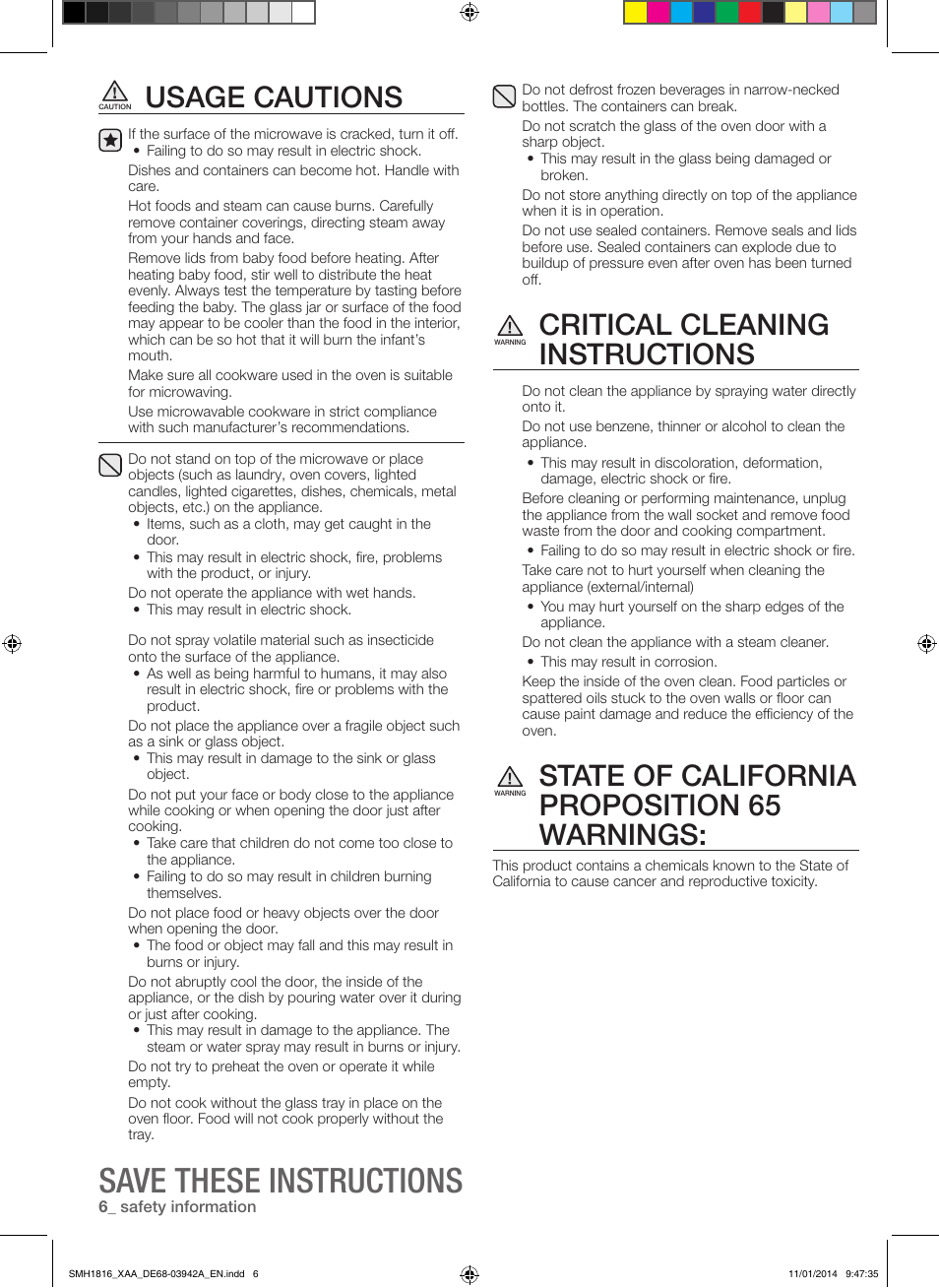 Save these instructions, Usage cautions, Critical cleaning instructions | State of california proposition 65 warnings | Samsung SMH1816W-XAA User Manual | Page 6 / 52