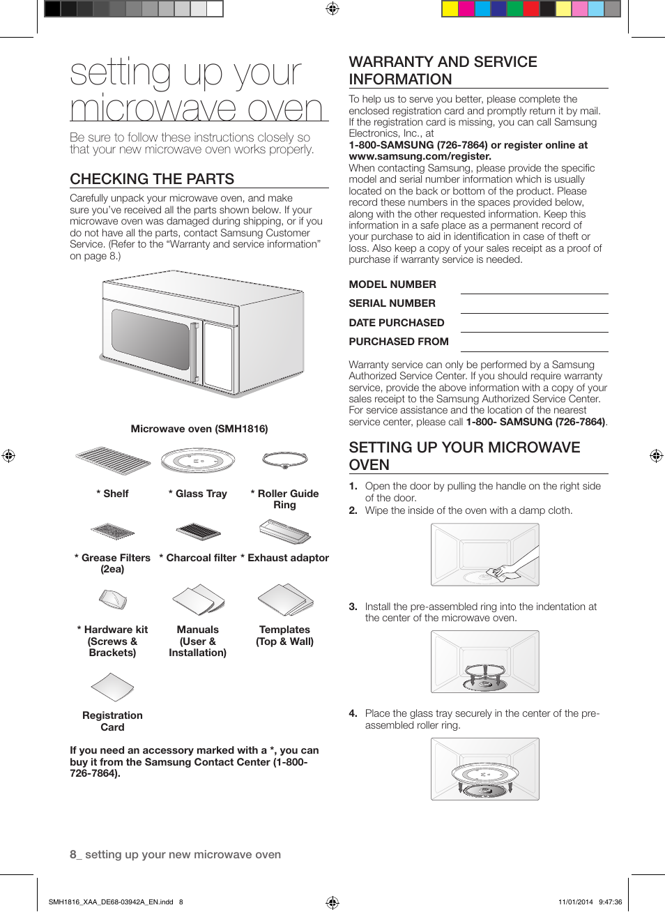 Setting up your microwave oven, Checking the parts, Warranty and service information | Samsung SMH1816W-XAA User Manual | Page 8 / 52