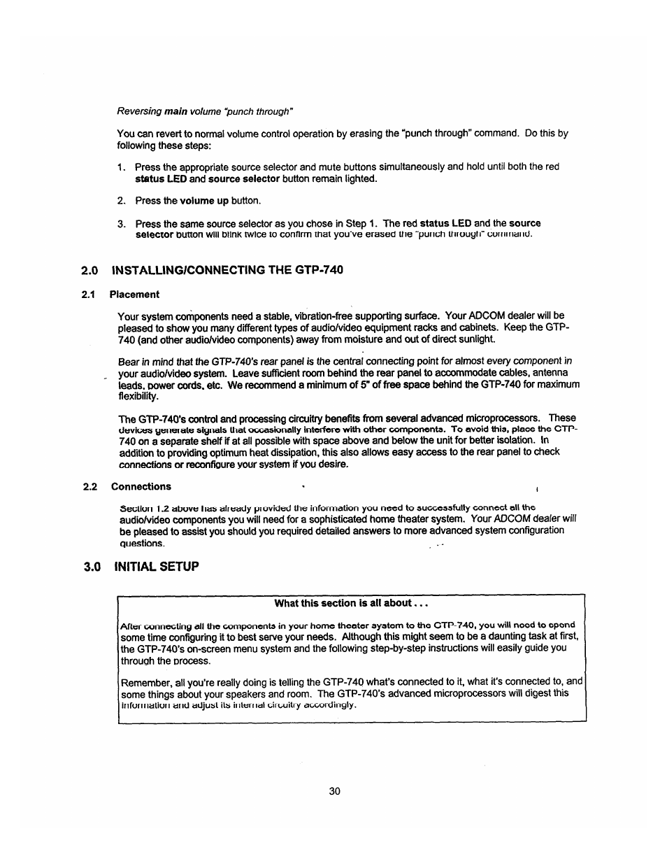 0 jnstalling/connecting the gtp-740, 0 initial setup | Adcom GTP-740 User Manual | Page 31 / 48